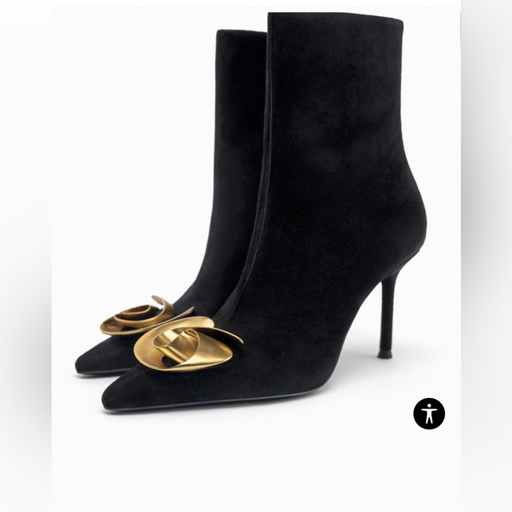 Zara METAL FLOWER LEATHER HEELED ANKLE BOOTS, Size 6.5